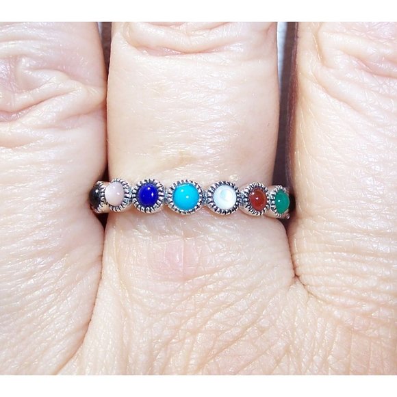 925 STERLING SILVER Multi Gemstone Eternity Band Ring - Picture 7 of 13